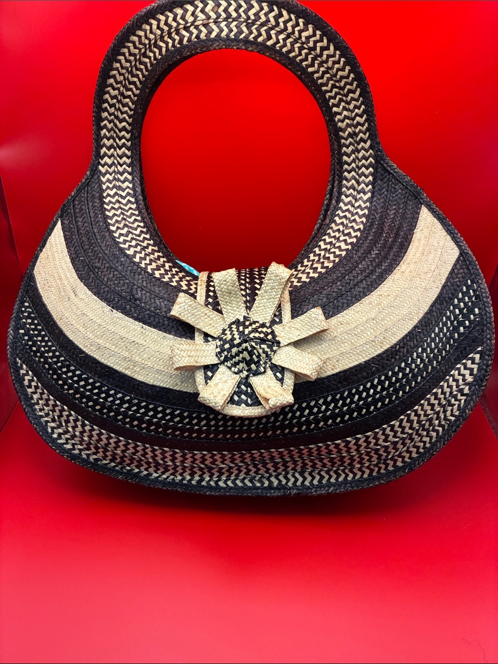 Black and Natural Straw Woven Tote Bag with Braided Flower Accent
